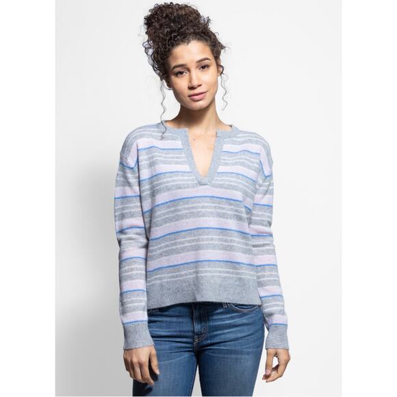 360 Cashmere Women's V-Neck Sweater - Gray and Blue Stripes - Picture 1 of 9